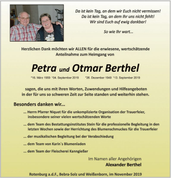 Traueranzeige von Petra und Otmar Berthel von Eschwege