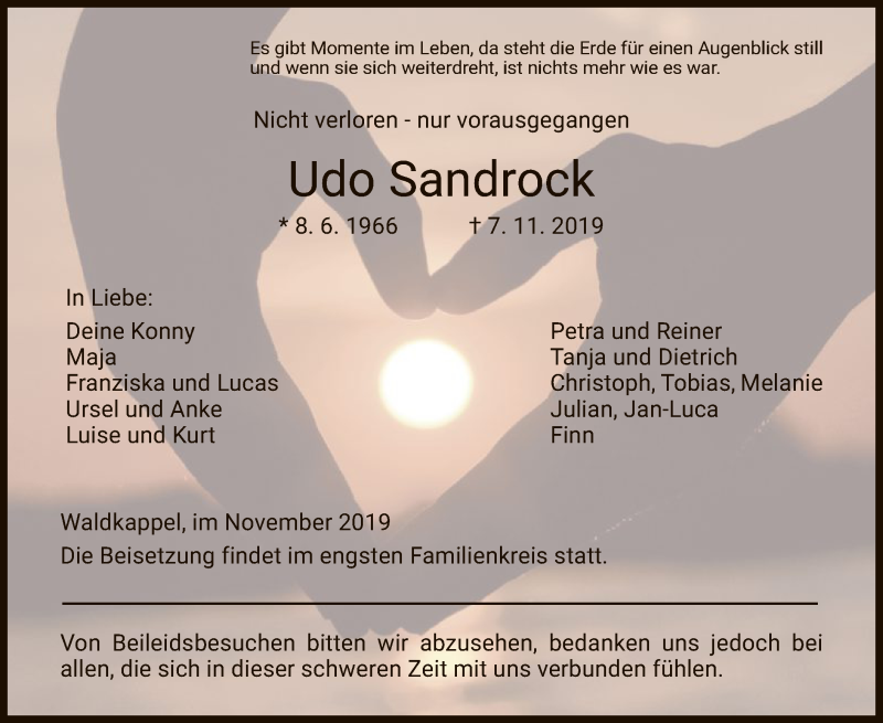  Traueranzeige für Udo Sandrock vom 13.11.2019 aus Eschwege