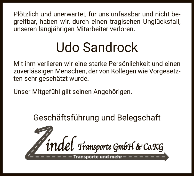 Traueranzeige für Udo Sandrock vom 14.11.2019 aus Eschwege
