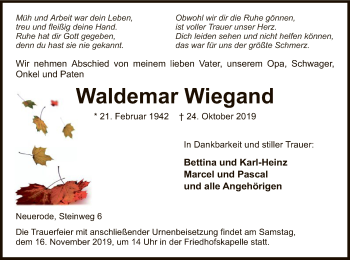 Traueranzeige von Waldemar Wiegand von Eschwege