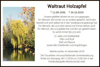 Traueranzeige von Waltraut Holzapfel von Eschwege