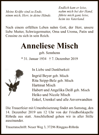 Traueranzeige von Anneliese Misch von Eschwege