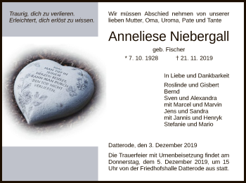 Traueranzeige von Anneliese Niebergall von Eschwege