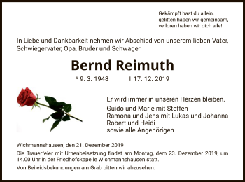 Traueranzeige von Bernd Reimuth von Eschwege