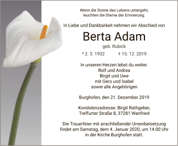 Traueranzeige von Berta Adam von Eschwege