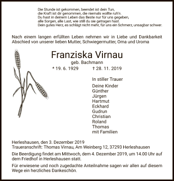 Traueranzeige von Franziska Virnau von Eschwege