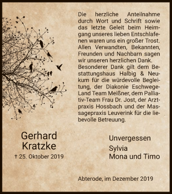 Traueranzeige von Gerhard Kratzke von Eschwege