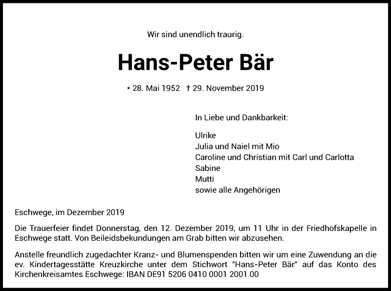  Traueranzeige für Hans-Peter Bär vom 07.12.2019 aus Eschwege