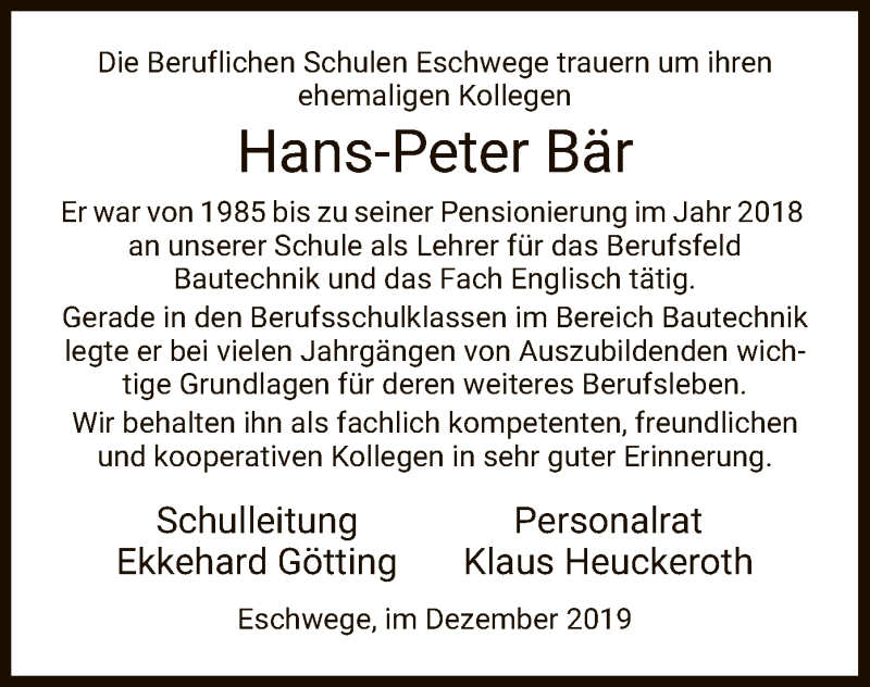  Traueranzeige für Hans-Peter Bär vom 11.12.2019 aus Eschwege