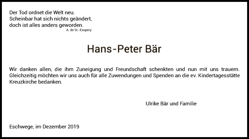 Traueranzeige für Hans-Peter Bär vom 21.12.2019 aus Eschwege