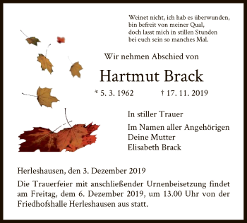 Traueranzeige von Hartmut Brack von Eschwege