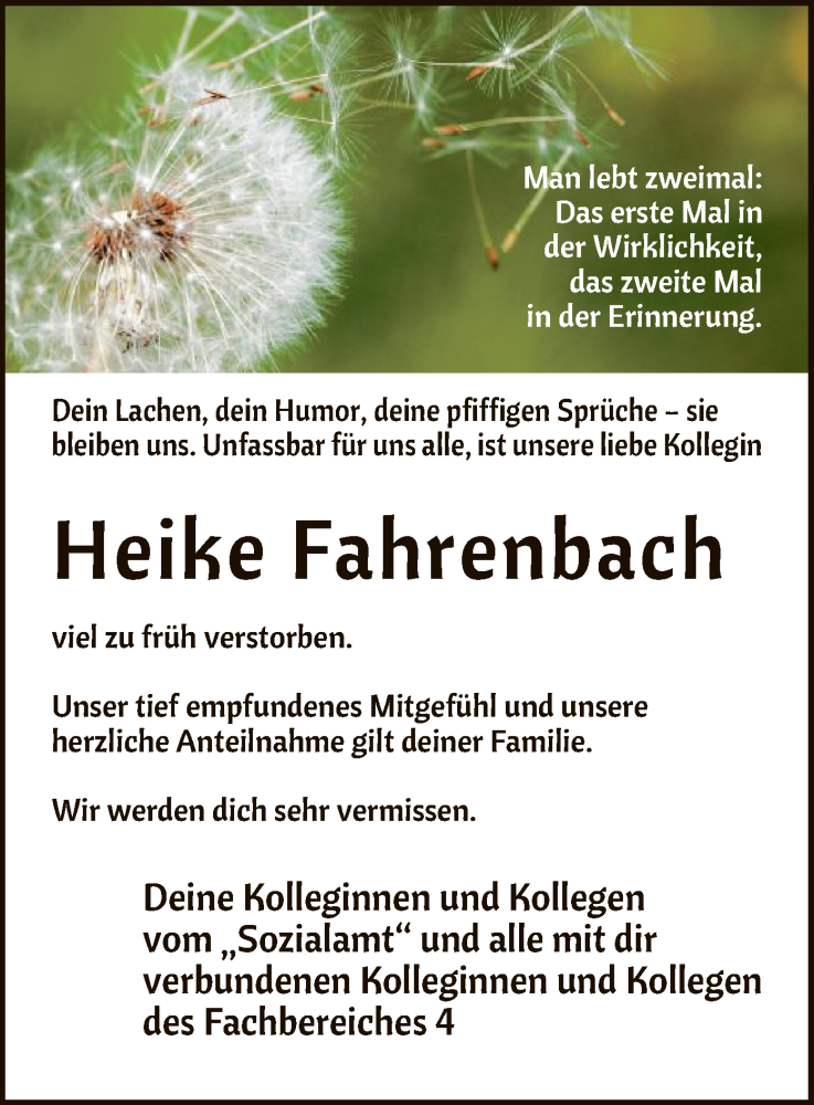  Traueranzeige für Heike Fahrenbach vom 07.12.2019 aus Eschwege
