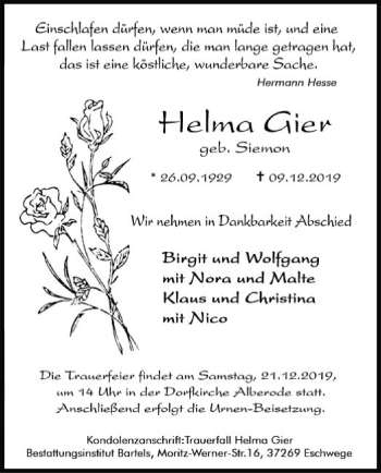 Traueranzeige von Helma Gier von Eschwege