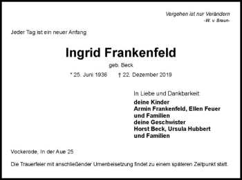 Traueranzeige von Ingrid Frankenfeld von Eschwege