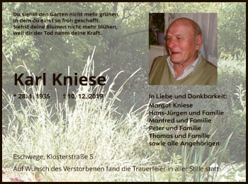 Traueranzeige von Karl Kniese von Eschwege