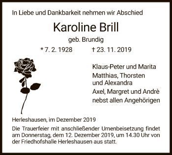 Traueranzeige von Karoline Brill von Eschwege