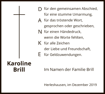 Traueranzeige von Karoline Brill von Eschwege