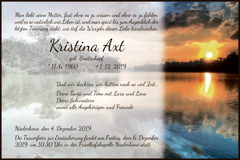  Traueranzeige für Kristina Axt vom 04.12.2019 aus Eschwege
