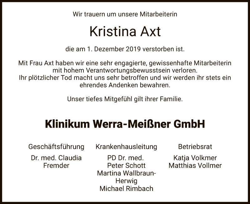  Traueranzeige für Kristina Axt vom 05.12.2019 aus Eschwege