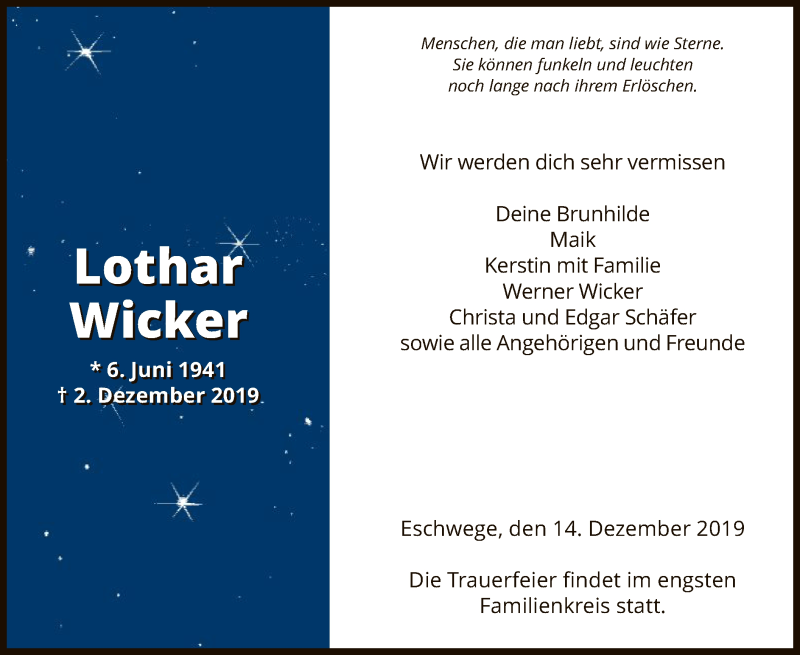  Traueranzeige für Lothar Wicker vom 14.12.2019 aus Eschwege