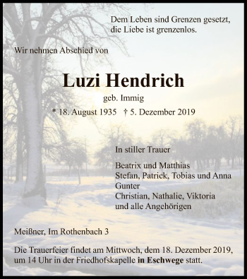 Traueranzeige von Luzi Hendrich von Eschwege