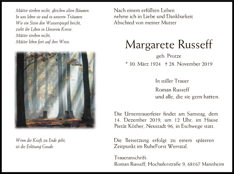  Traueranzeige für Margarete Russeff vom 07.12.2019 aus Eschwege