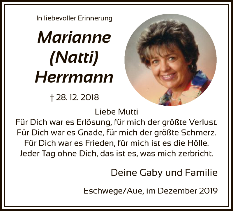  Traueranzeige für Marianne Herrmann vom 28.12.2019 aus Eschwege