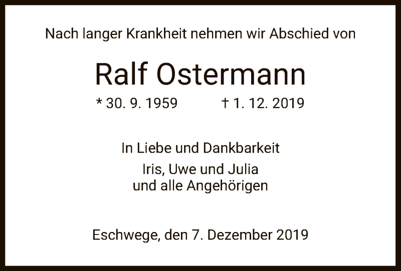  Traueranzeige für Ralf Ostermann vom 07.12.2019 aus Eschwege
