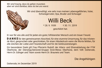 Traueranzeige von Willi Beck von Eschwege