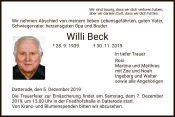 Traueranzeige von Willi Beck von Eschwege