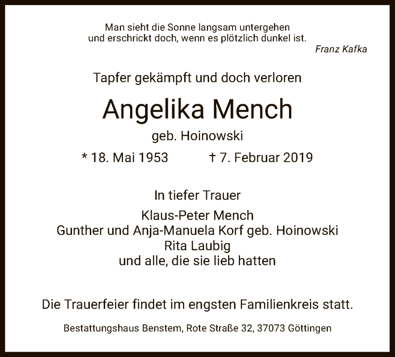  Traueranzeige für Angelika Mench vom 23.02.2019 aus Eschwege