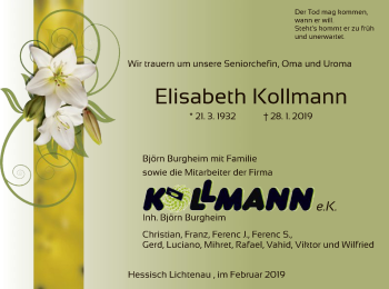 Traueranzeige von Elisabeth Kollmann von Eschwege