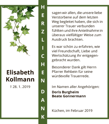 Traueranzeige von Elisabeth Kollmann von Eschwege