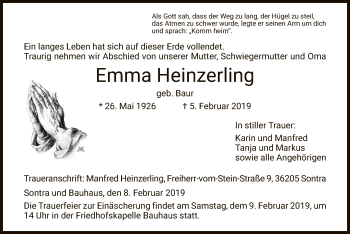 Traueranzeige von Emma Heinzerling von Eschwege