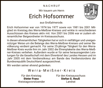 Traueranzeige von Erich Hofsommer von Eschwege