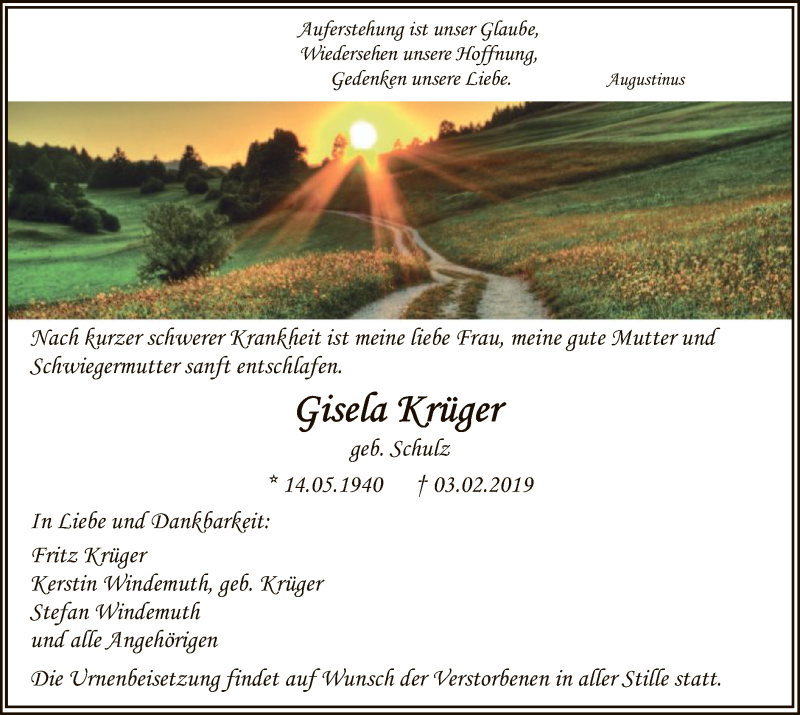  Traueranzeige für Gisela Krüger vom 09.02.2019 aus Eschwege