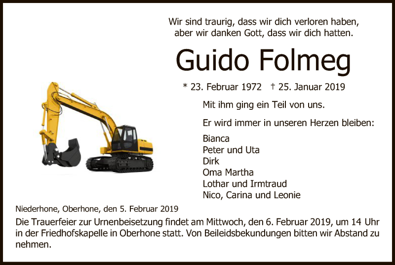  Traueranzeige für Guido Folmeg vom 05.02.2019 aus Eschwege