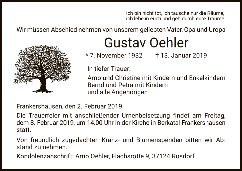  Traueranzeige für Gustav Oehler vom 02.02.2019 aus Eschwege