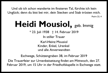 Traueranzeige von Heidi Mousiol von Eschwege