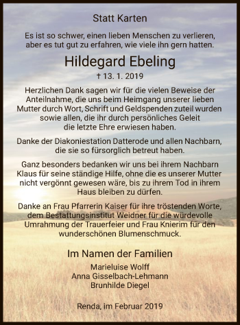 Traueranzeige von Hildegard Ebeling von Eschwege