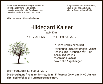 Traueranzeige von Hildegard Kaiser von Eschwege