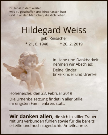 Traueranzeige von Hildegard Weiss von Eschwege