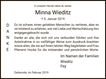 Traueranzeige von Minna Wieditz von Eschwege