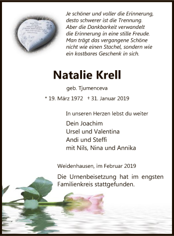 Traueranzeige von Natalie Krell von Eschwege
