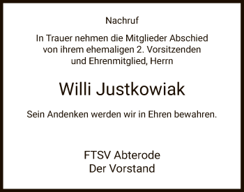 Traueranzeige von Willi Justkowiak von Eschwege