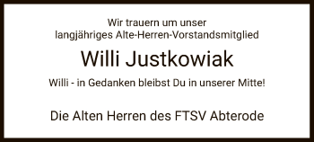 Traueranzeige von Willi Justkowiak von Eschwege