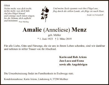 Traueranzeige von Amalie Menz von Eschwege