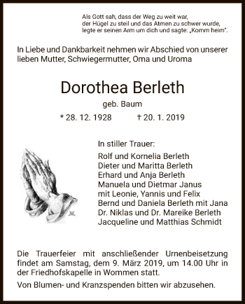 Traueranzeige von Dorothea Berleth von Eschwege