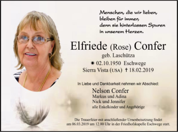 Traueranzeige von Elfriede Confer von Eschwege