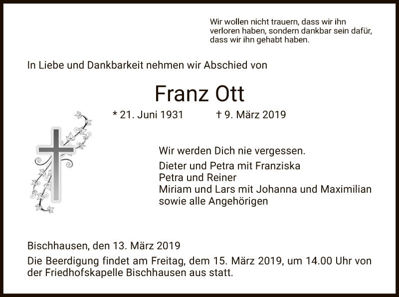  Traueranzeige für Franz Ott vom 13.03.2019 aus Eschwege